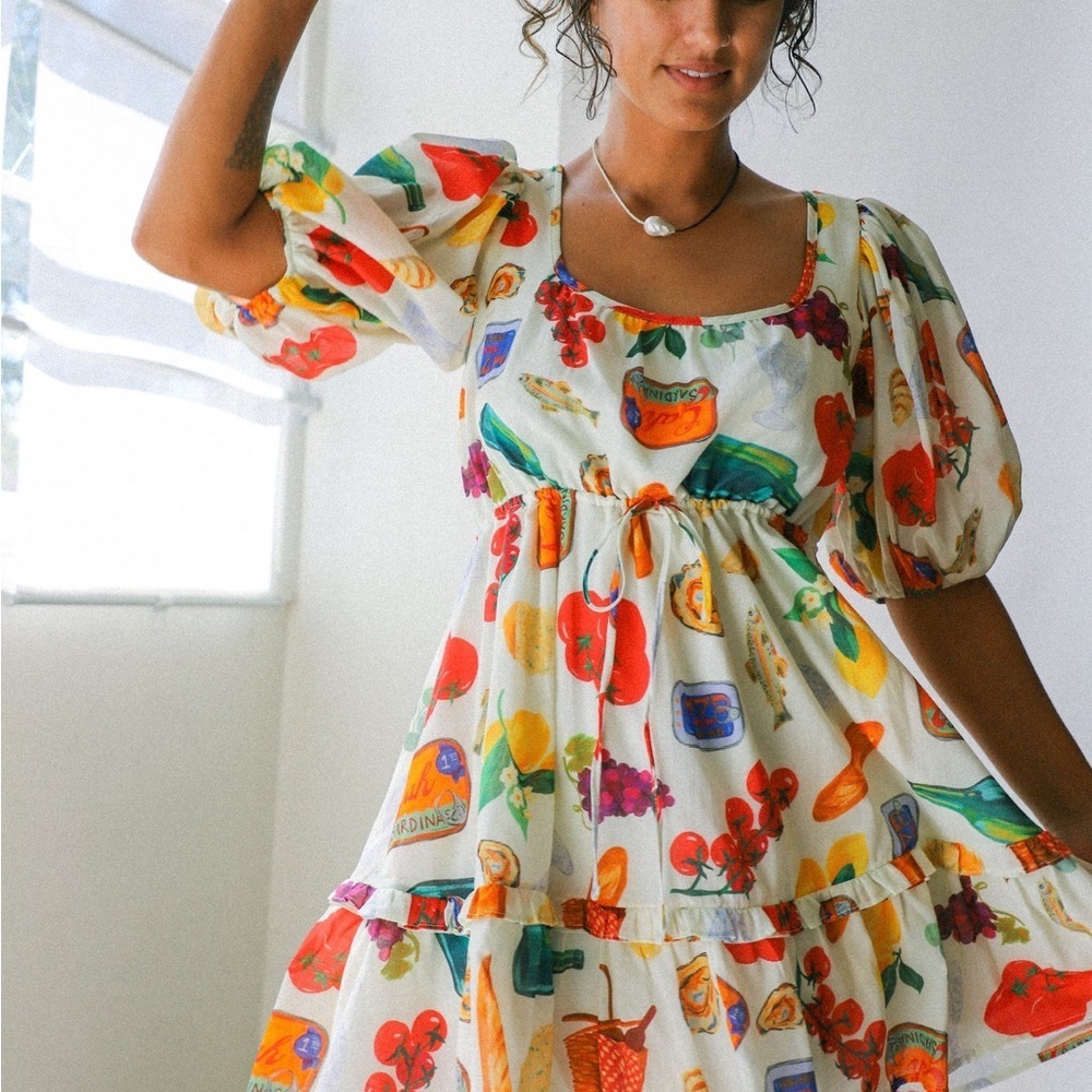 Lisa Says Gah Cream Mini Dress with Multicolor Fruit & Food Print - Picture 3 of 12